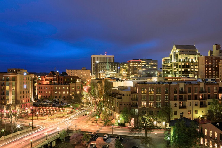 Greenville, SC illuminated at night in the blue hour