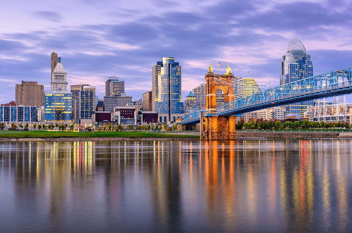 a view across the Ohio River looking at the Roebling Bridge and Cincinnati skyline